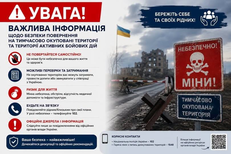 Повернення на тимчасово окуповані території та території активних бойових дій: пам’ятайте про безпеку